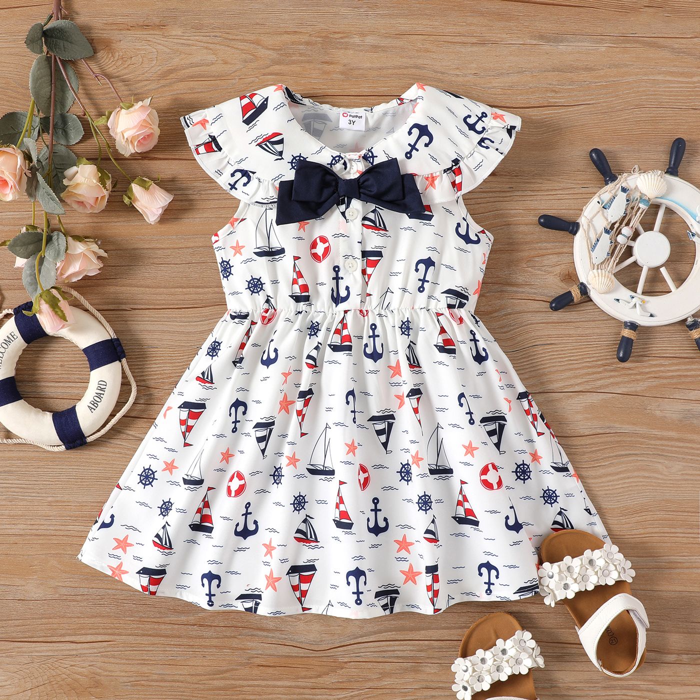 Toddler Girl Sailboat Print Bow Decor Ruffle Collar Sleeveless Dress