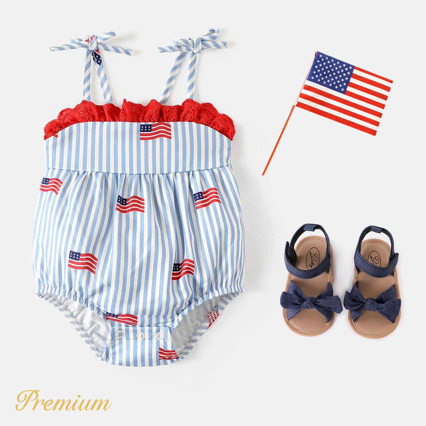 Independence Day Baby Girl Allover Print Striped Lace Detail Strappy Romper