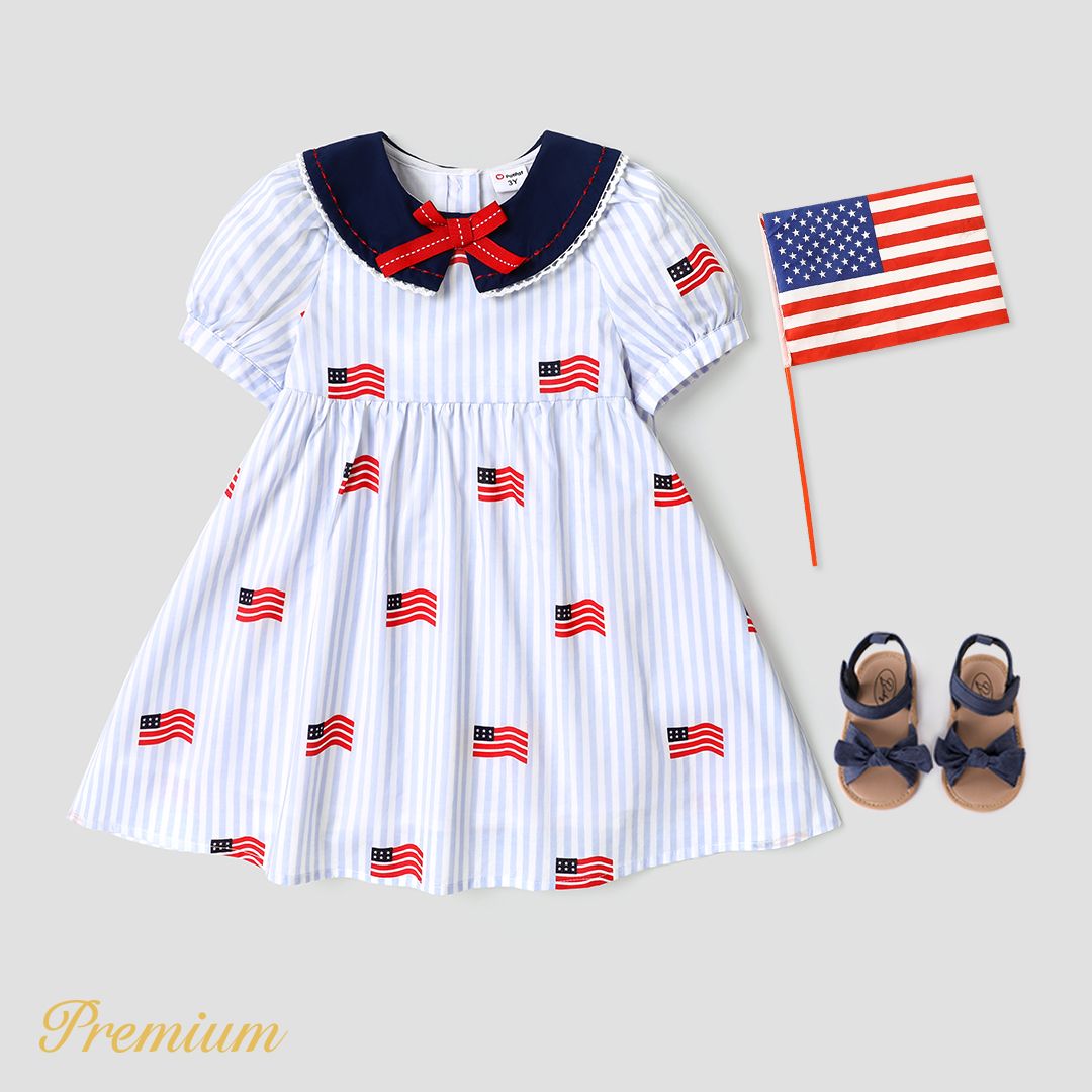 Indepence Day Toddler Girl 100% Cotton American Flag Print Contrast Collar Puff-sleeve Dress