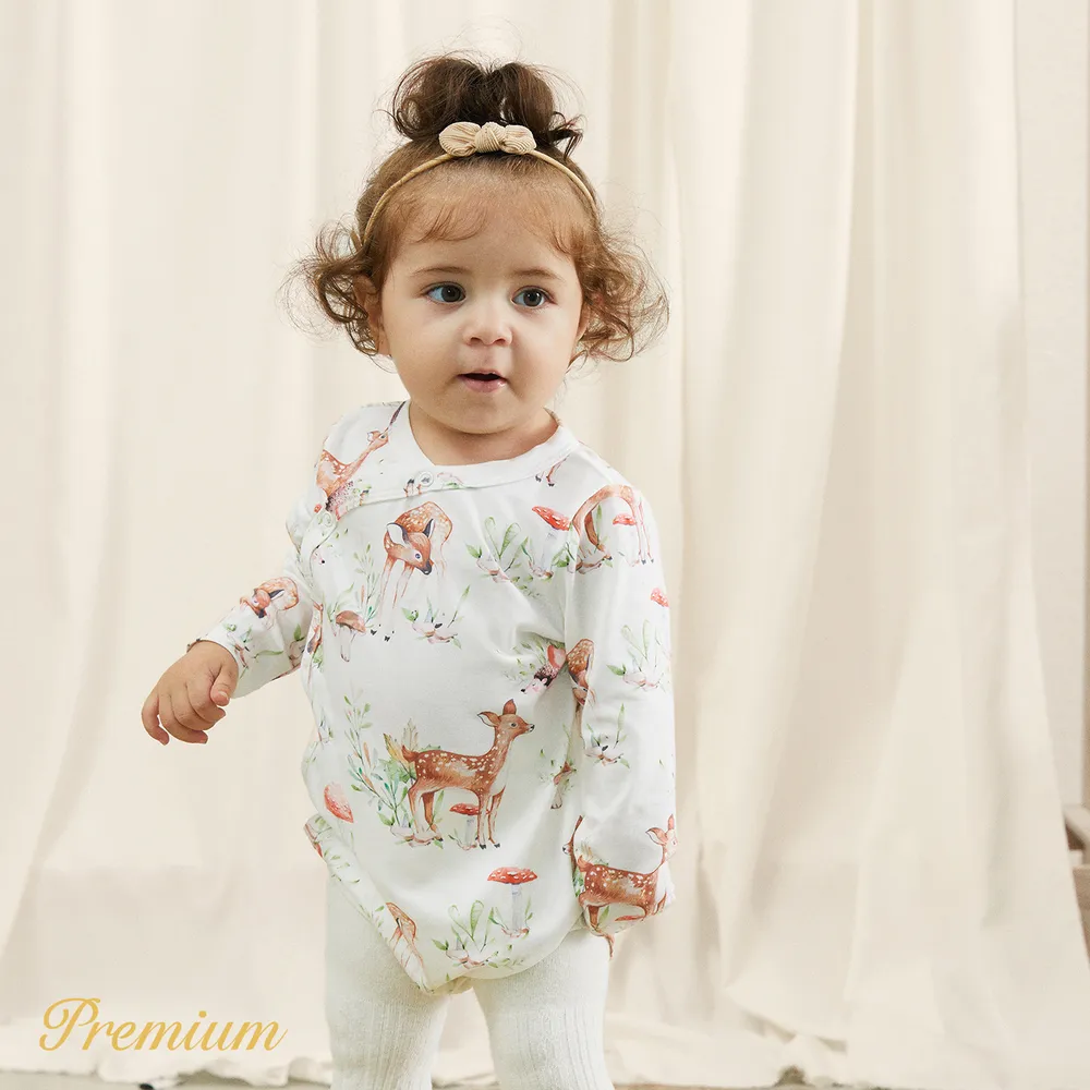 2-Pack Baby Girl Long-sleeve Solid Cotton and Allover Deer Print Naia™ Rompers Set big image 3