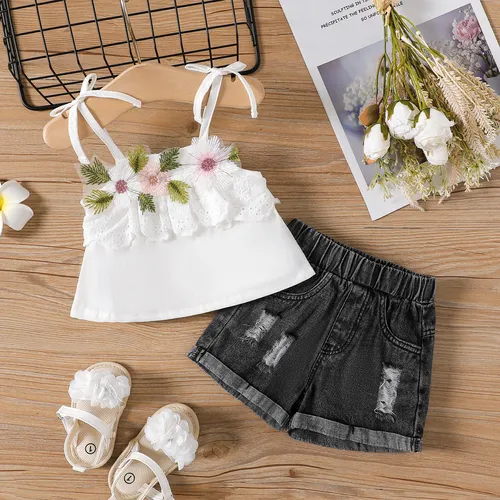 2pcs Baby Girl 100% Cotton Floral Design Cami Top and Ripped Denim Shorts Set
