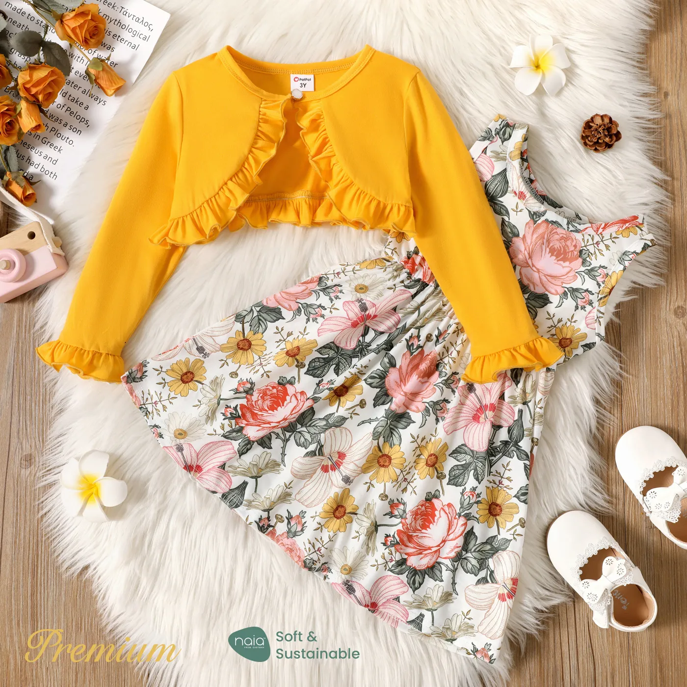 Naia 2pcs Toddler Girl Floral Print Sleeveless Dress and Ruffled Cardigan Set