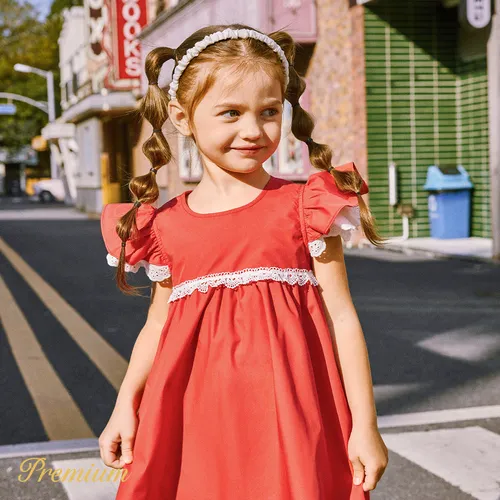Baby Girl Lace Detail Red Flutter-sleeve Dress