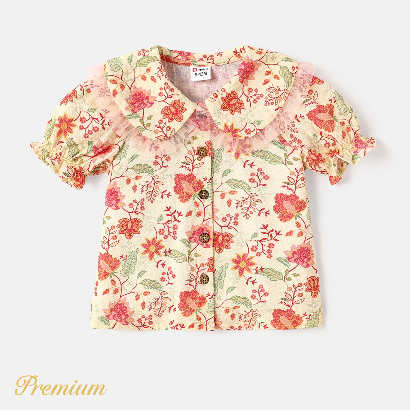 

Baby Girl 100% Cotton Floral Print Puff-sleeve Mesh Ruffled Collar Shirt