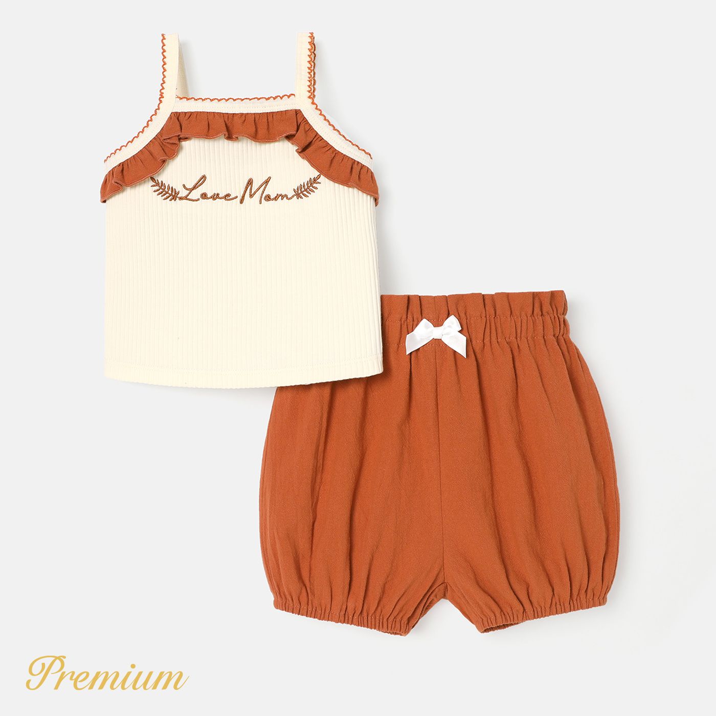 2pcs Baby Girl Cotton Letter Embroidered Ruffled Ribbed Cami Top and Bloomer Shorts Set