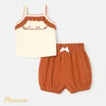2pcs Baby Girl Cotton Letter Embroidered Ruffled Ribbed Cami Top and Bloomer Shorts Set Reddishbrown