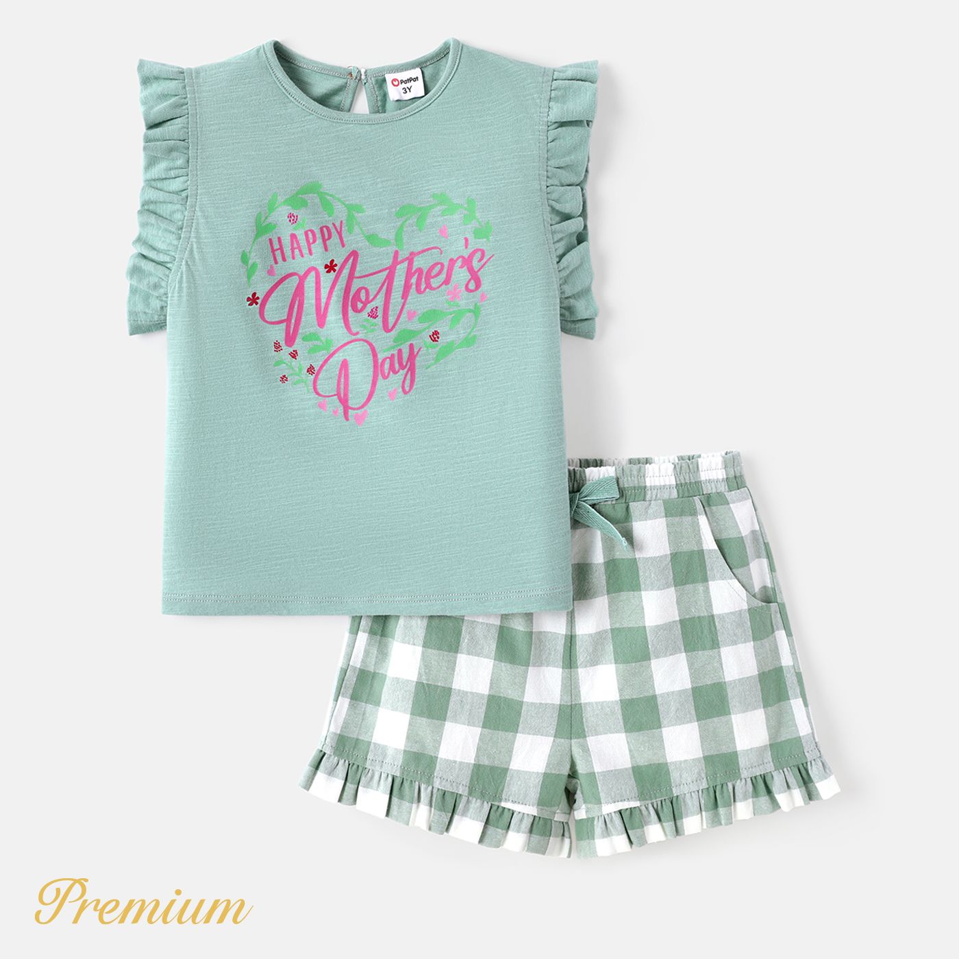 Mother's Day 2pcs Toddler Girl 100% Cotton Ruffled Plaid Shorts and Letter Print Tank Top Set