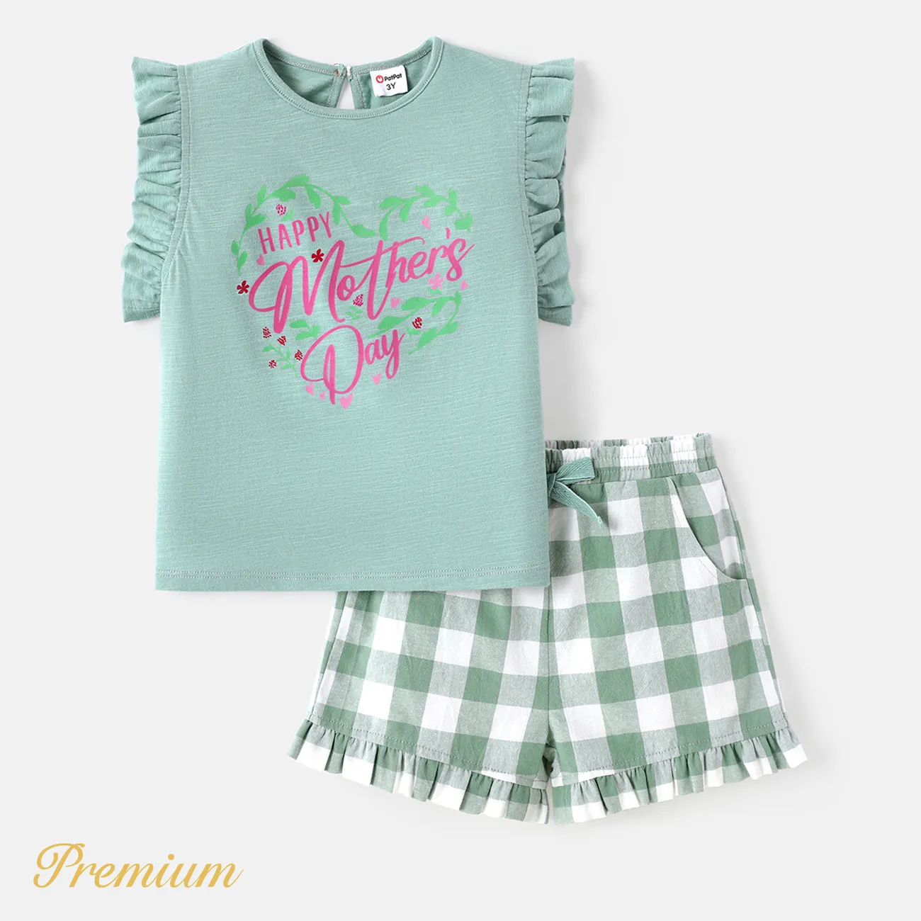 Mother's Day 2pcs Toddler Girl 100% Cotton Ruffled Plaid Shorts and Letter Print Tank Top Set  big image 1