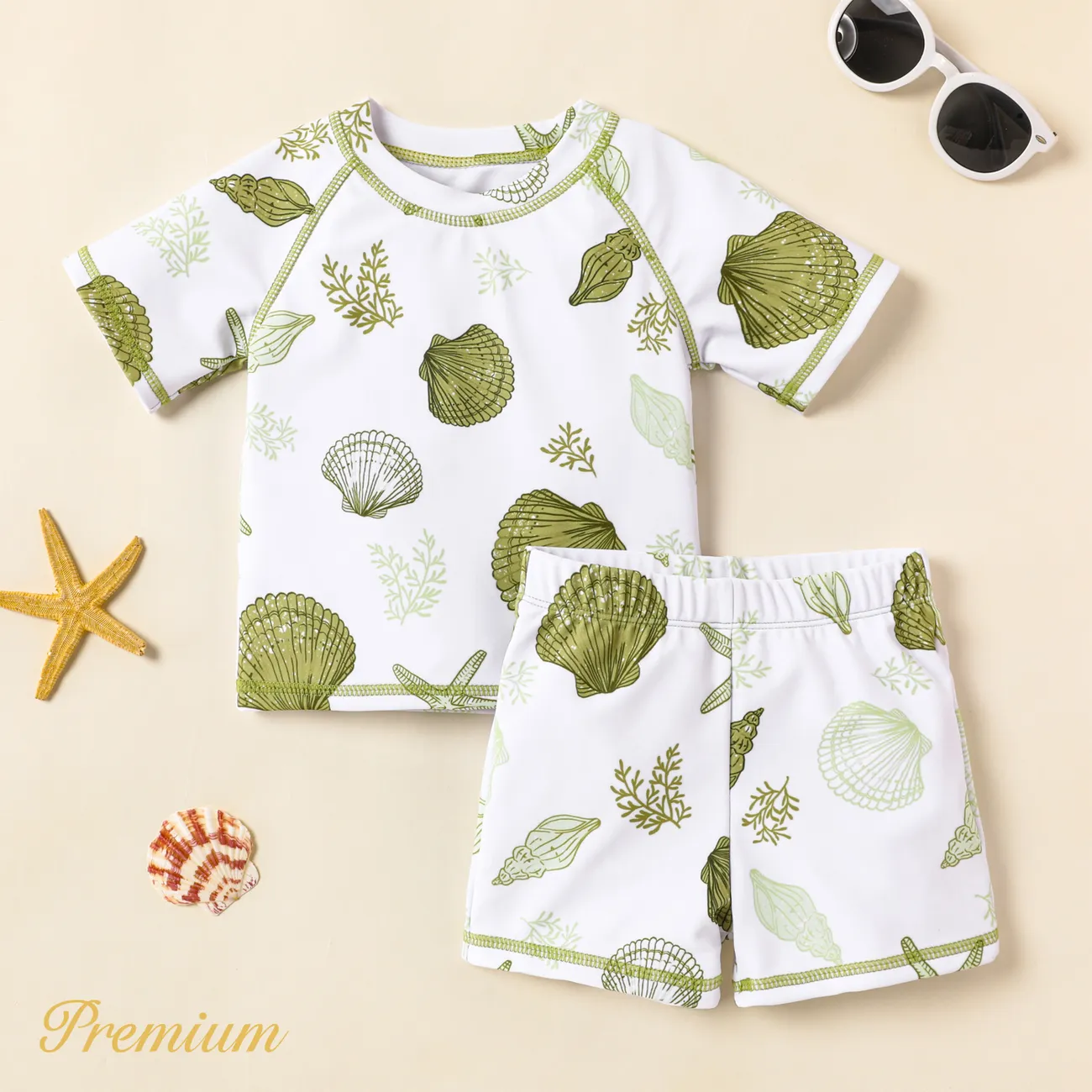 2pcs Baby Boy Allover Scallop Print Short-sleeve Two-piece Swimsuit Set  big image 1