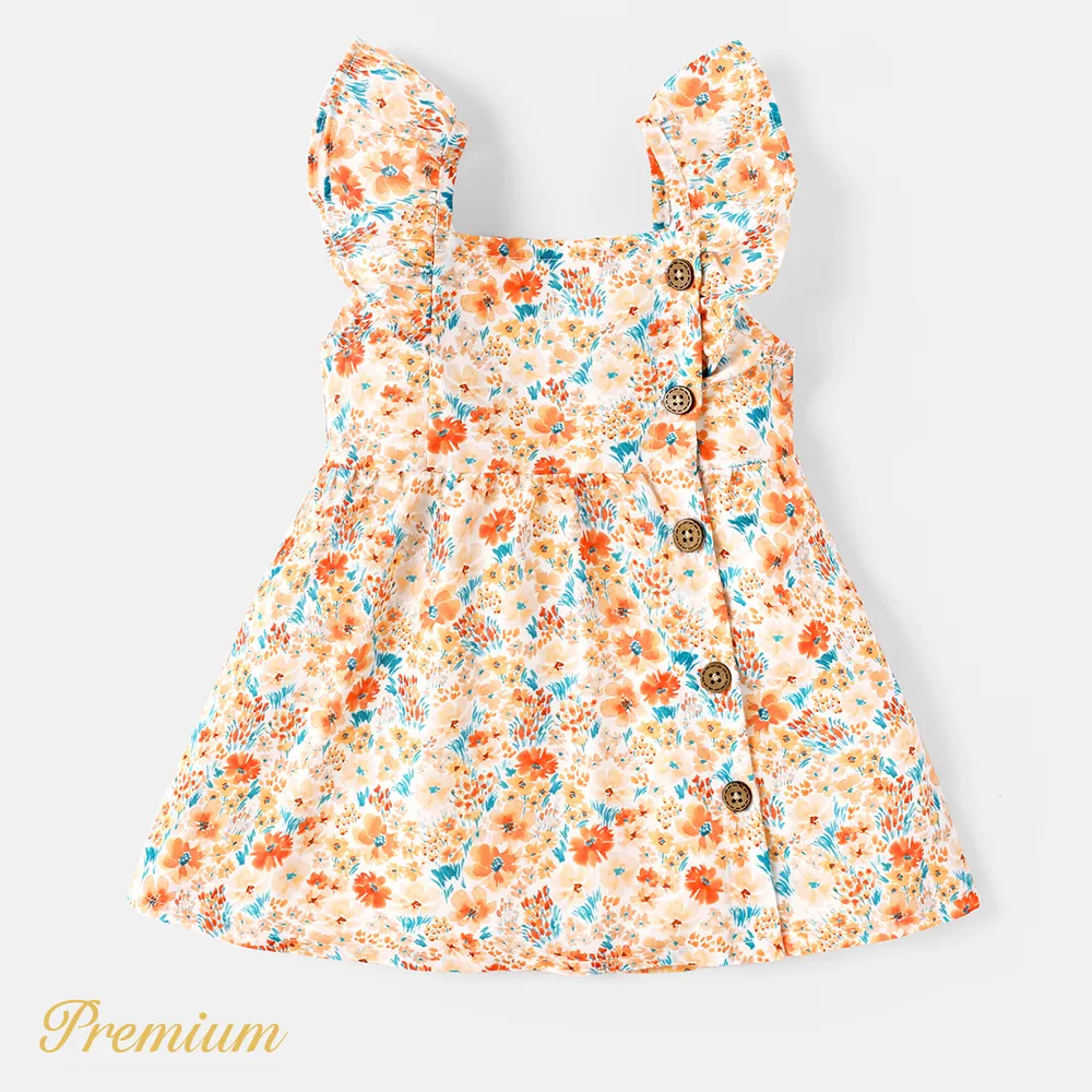 Baby Girl 100% Cotton Solid or Striped/Floral-print Flutter-sleeve Button Front Dress  big image 1