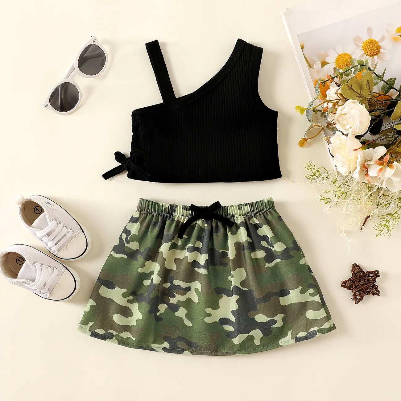 2pcs Baby Girl Cotton One Shoulder Crop Tank Top and Camouflage Skirt Set  big image 1