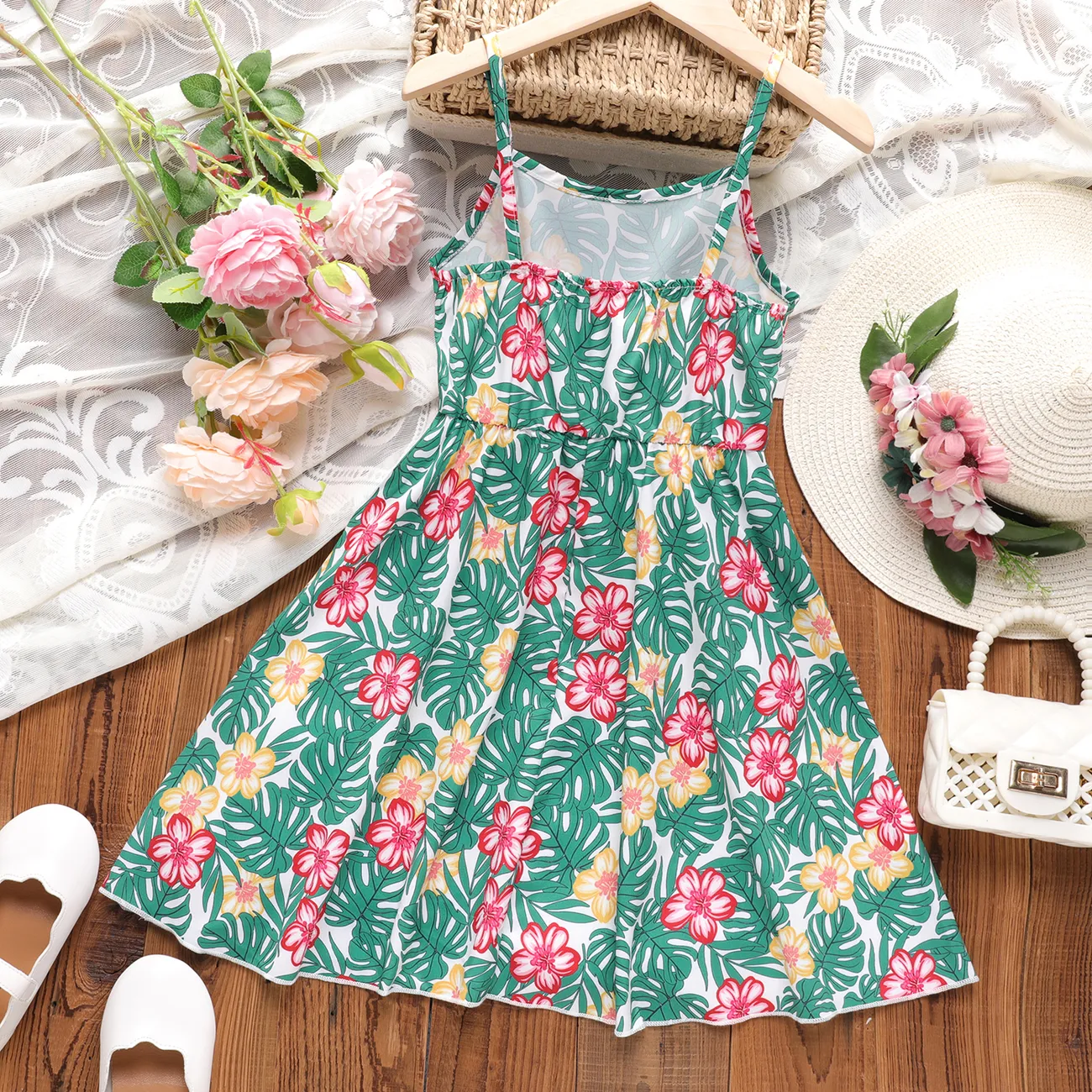 Kid Girl Boho Floral & Plant Print Slip Dress Green big image 1
