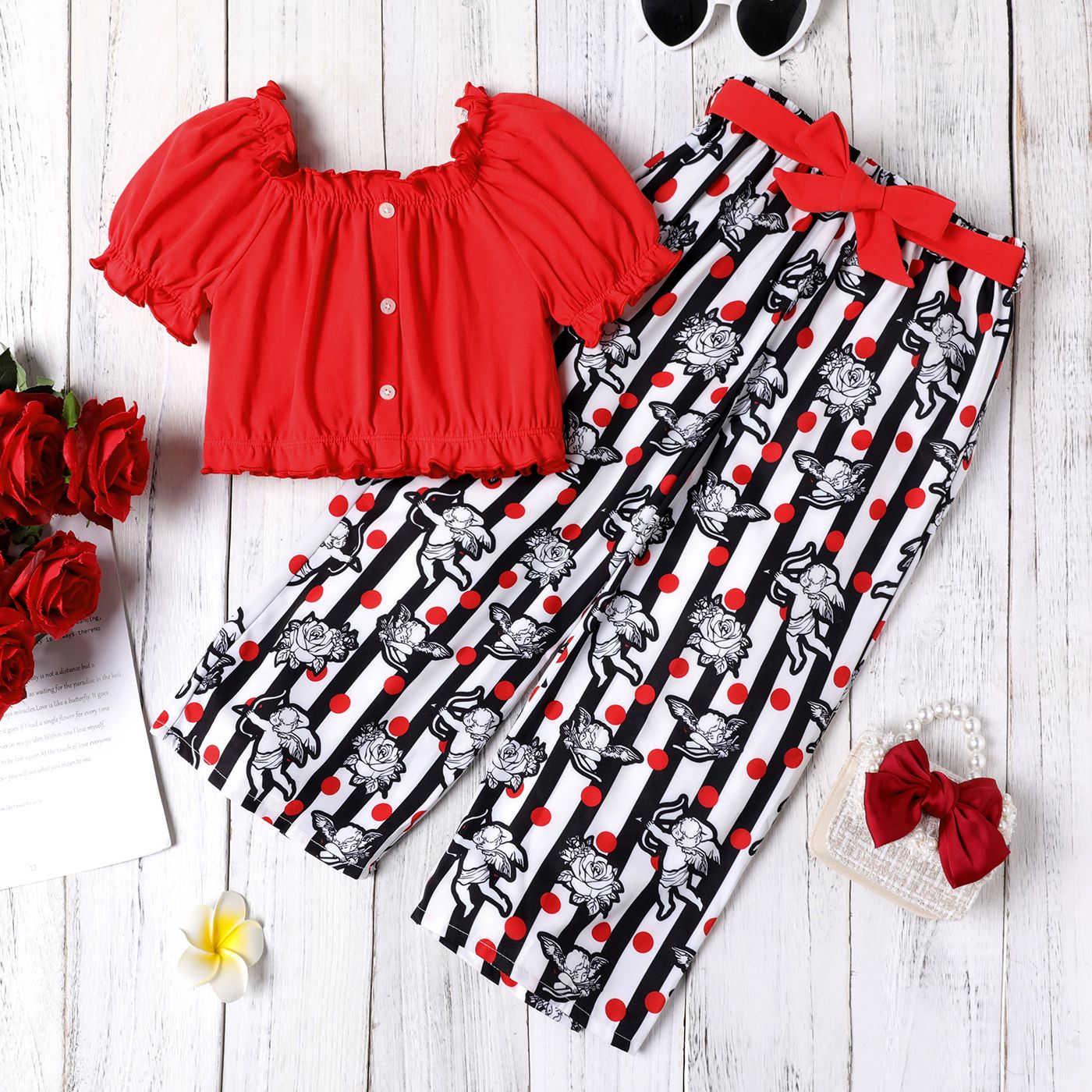 3pcs Kid Girl Square Neck Button Design Short-sleeve Tee and Floral Print Striped Pants & Belt Set