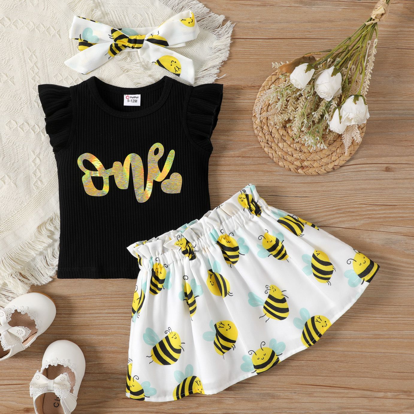 3pcs Baby Girl Cotton Ribbed Flutter-sleeve Letter Graphic Top And Allover Bee Print Skirt & Headband Set
