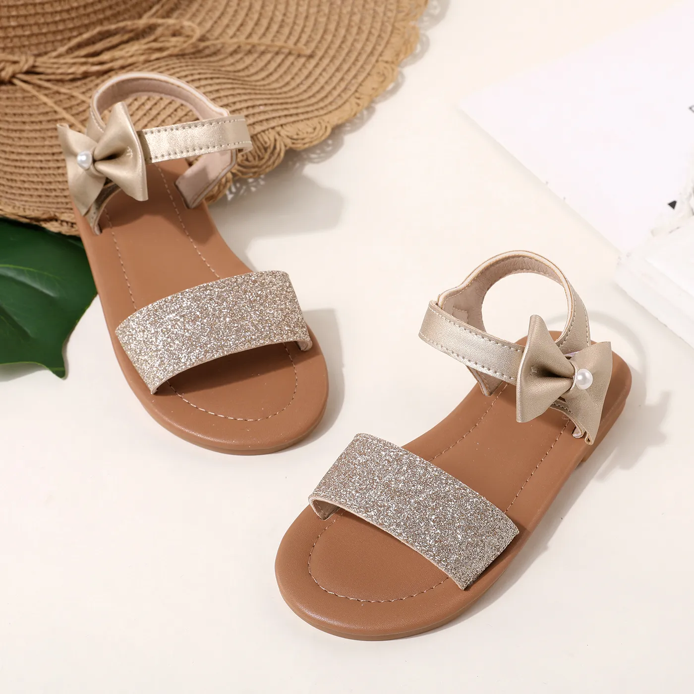 Toddler/Kid Flat Sole Bow Decor Glitter Round Toe Sandals