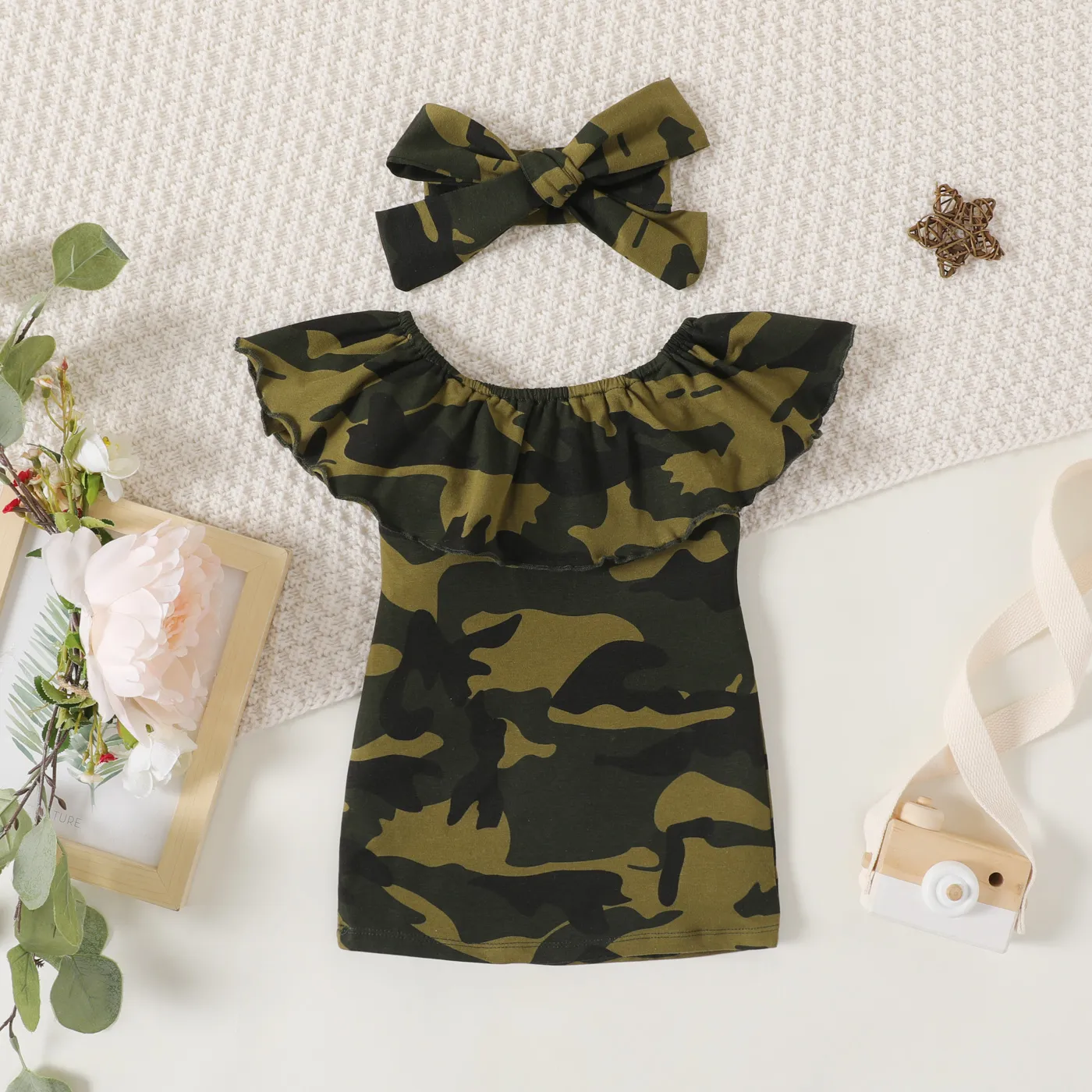 2pcs Baby Girl 95% Cotton Camouflage Print Ruffle Collar Sleeveless Dress & Headband Set