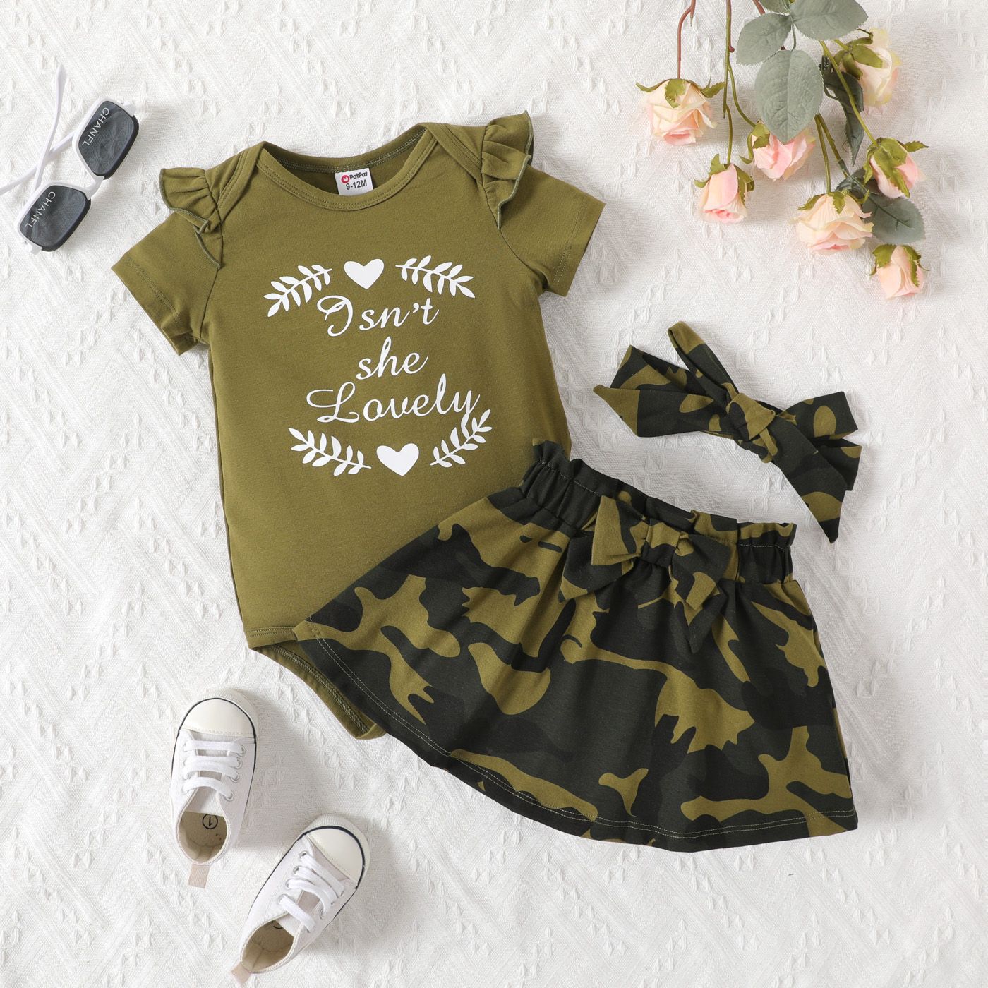 

3pcs Baby Girl 95% Cotton Camouflage Print Belted Skirt and Ruffle Short-sleeve Graphic Romper & Headband Set