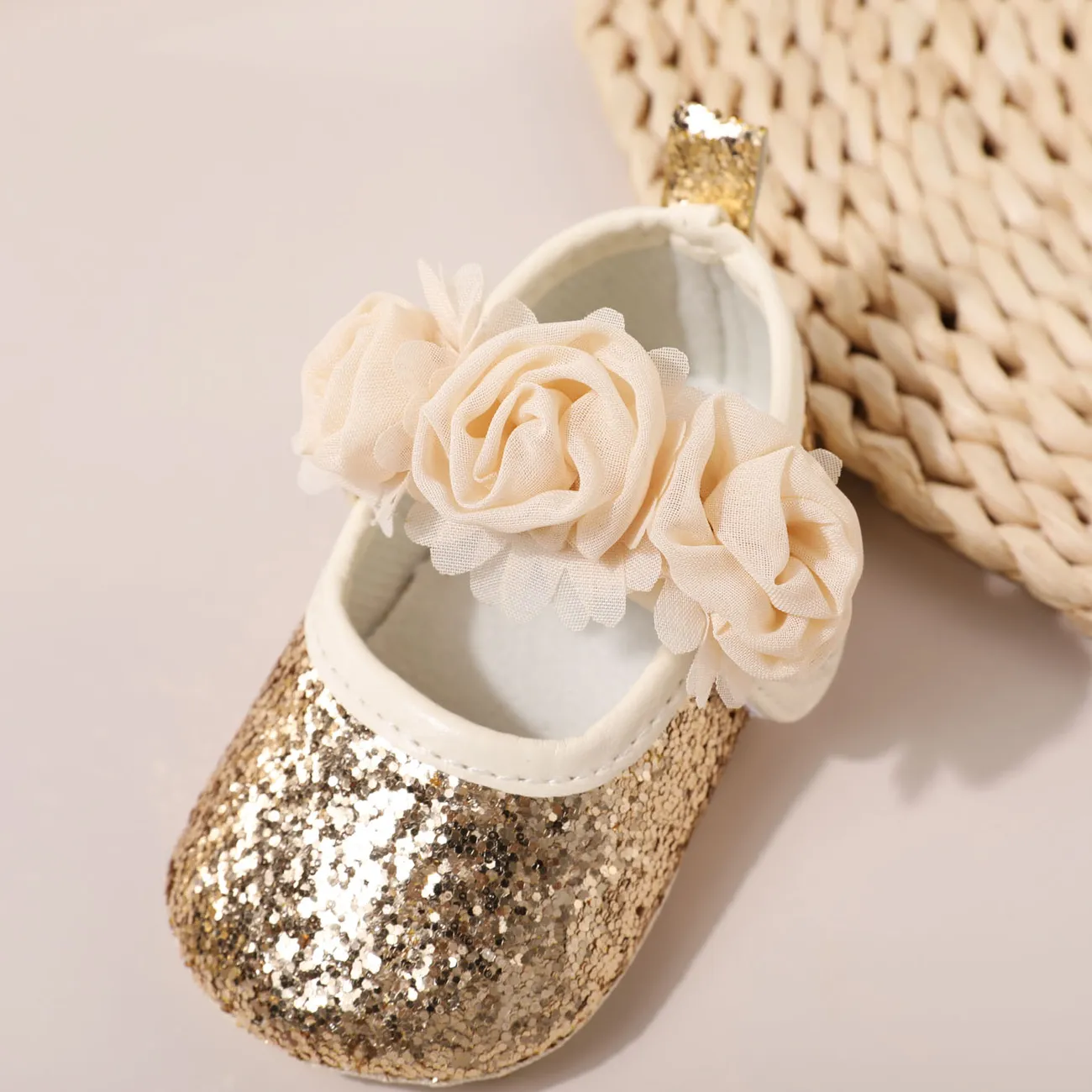 Baby Floral Pattern Glitter Prewalker Shoes Gold big image 1
