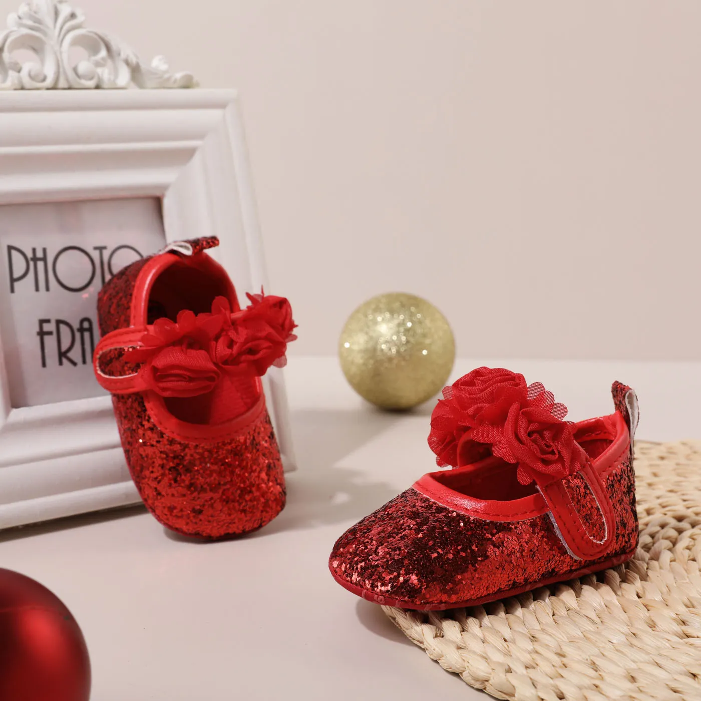 Baby Floral Pattern Glitter Prewalker Shoes Red image 5