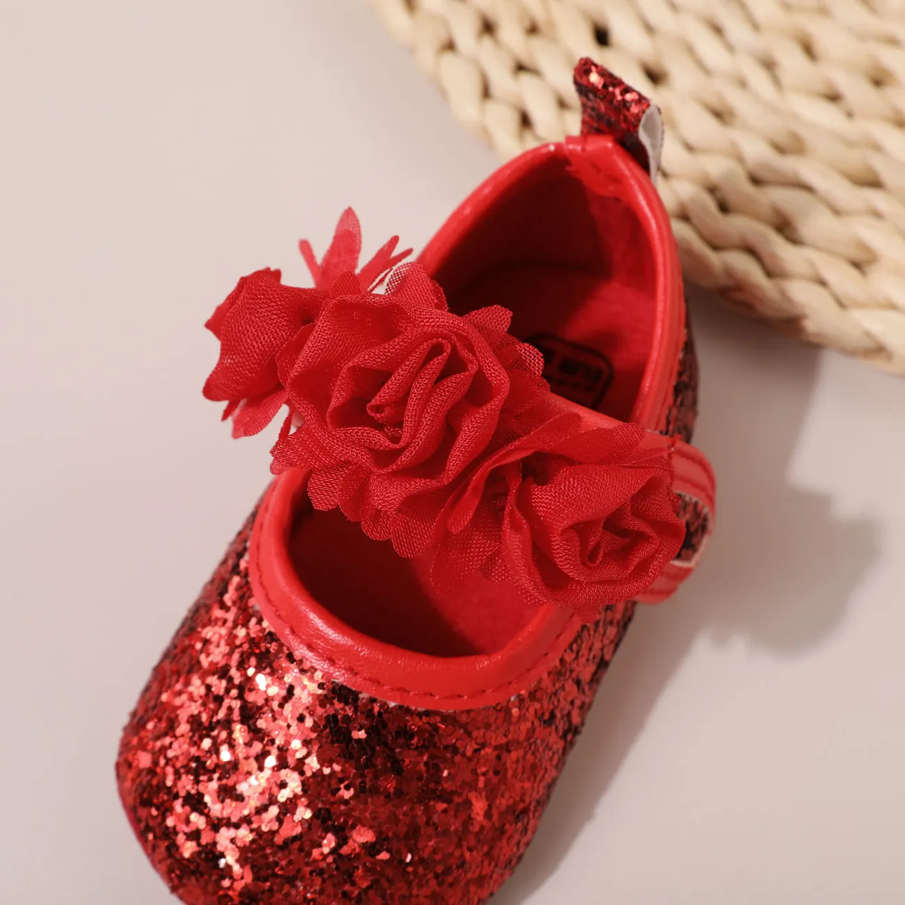 Baby Floral Pattern Glitter Prewalker Shoes Red big image 1