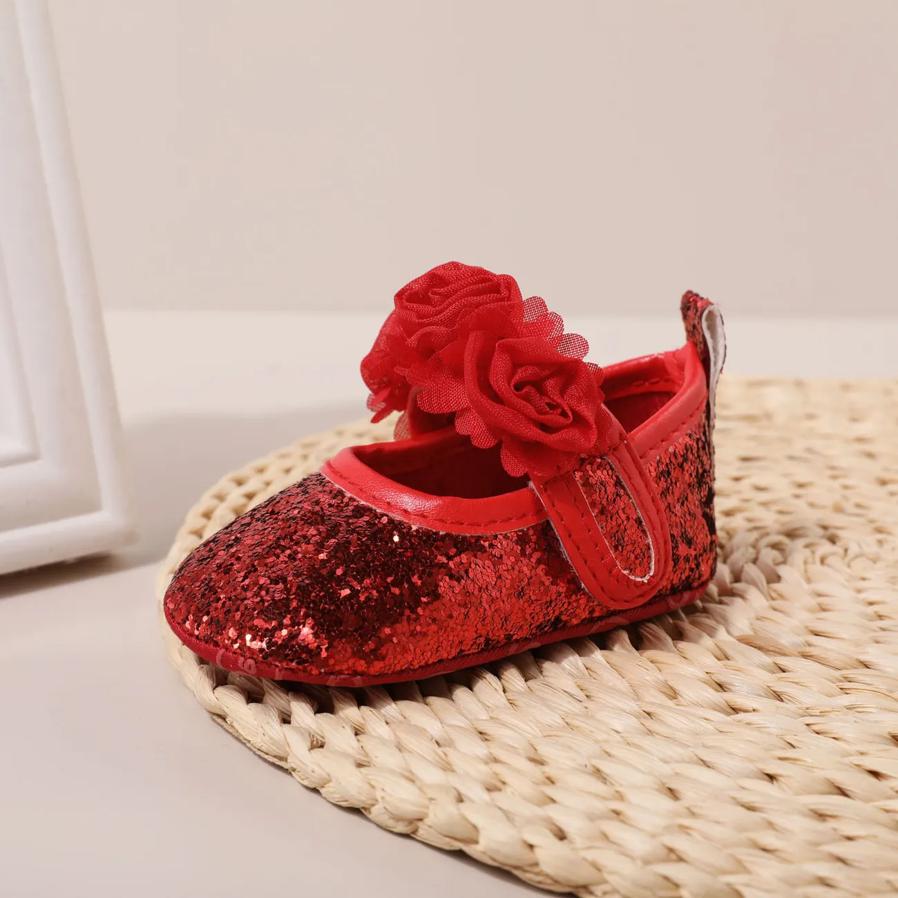Baby Floral Pattern Glitter Prewalker Shoes Red big image 1