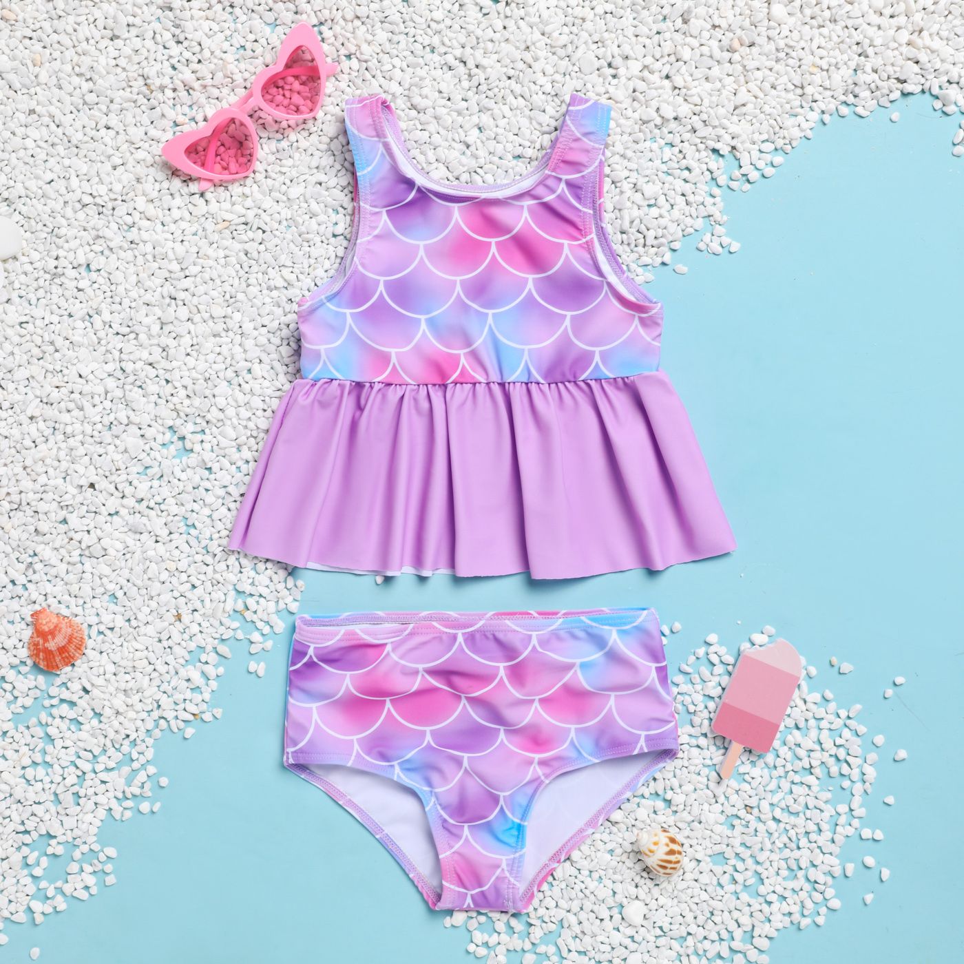 

2pcs Baby Girl Mermaid Design Ruffle Hem Top & Shorts Two-piece Swimsuit