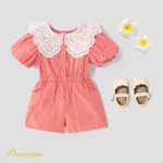 Toddler Girl 100% Cotton Contrast Statement Collar Puff-sleeve Button Front Romper Shorts  image 5