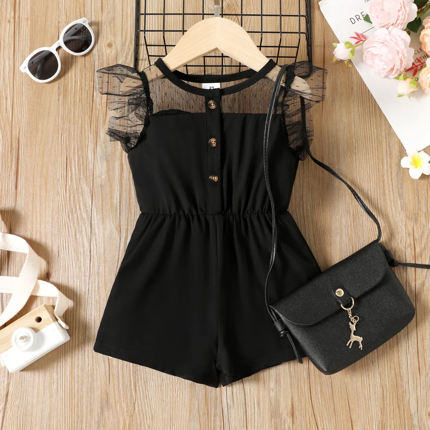 Toddler Girl Mesh Yoke Form Black Romper  image 1
