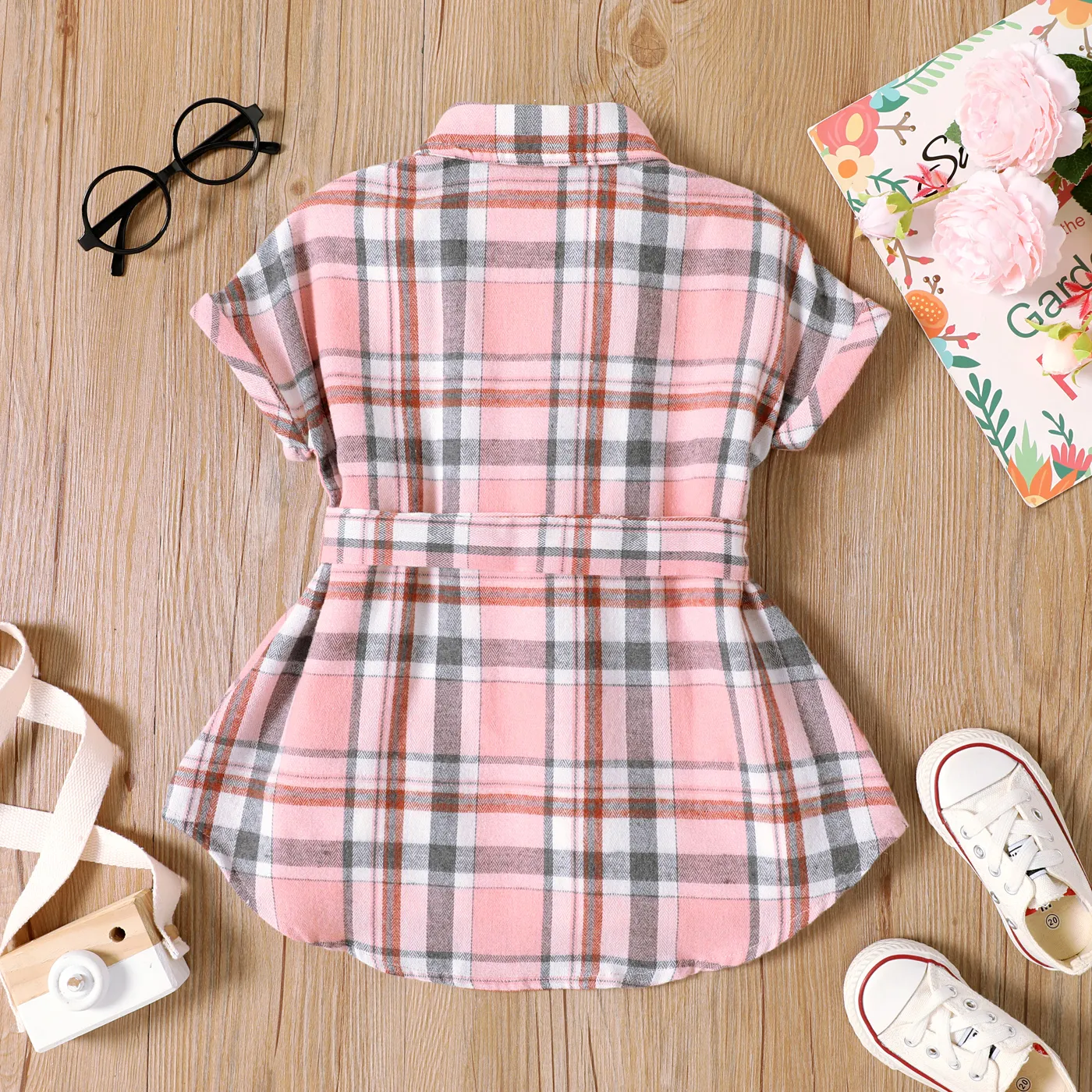 Toddler Girl Plaid Short-sleeve Belted Shirt Dress PLAID image 2