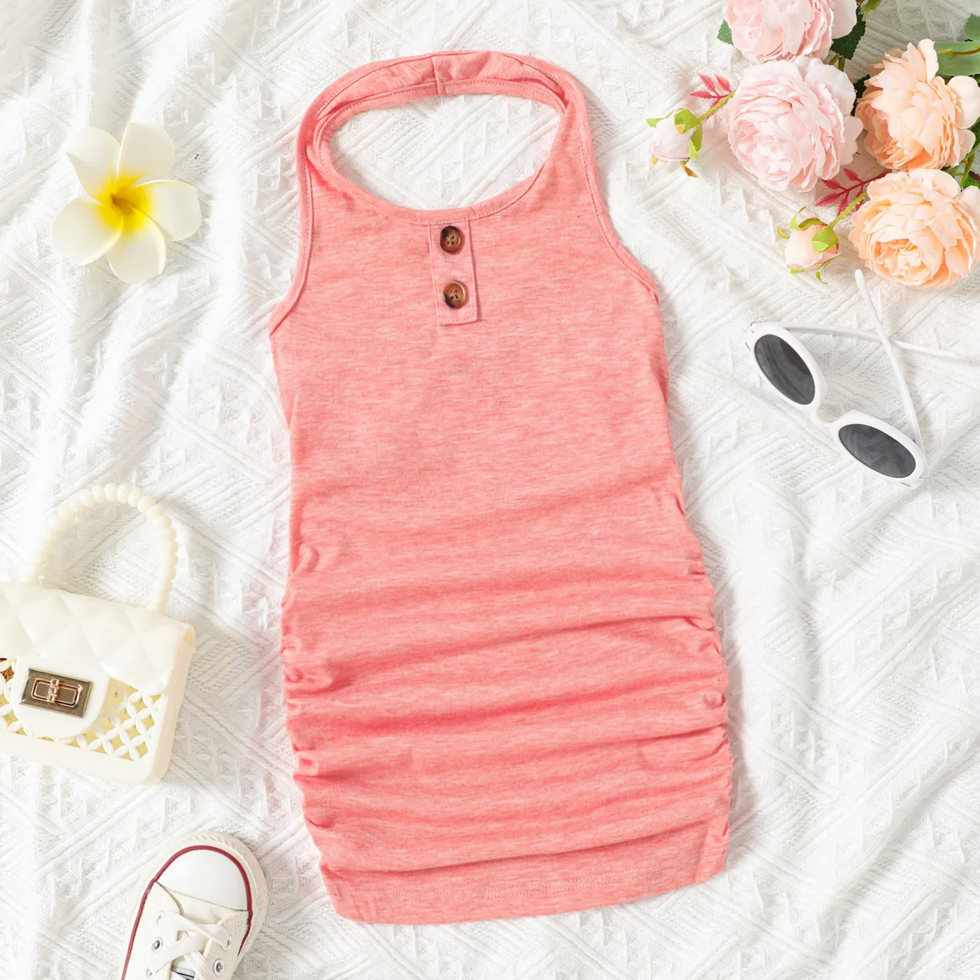 Toddler Girl Pink Halter Neck Sleeveless Ruched Bodycon Dress Pink big image 1