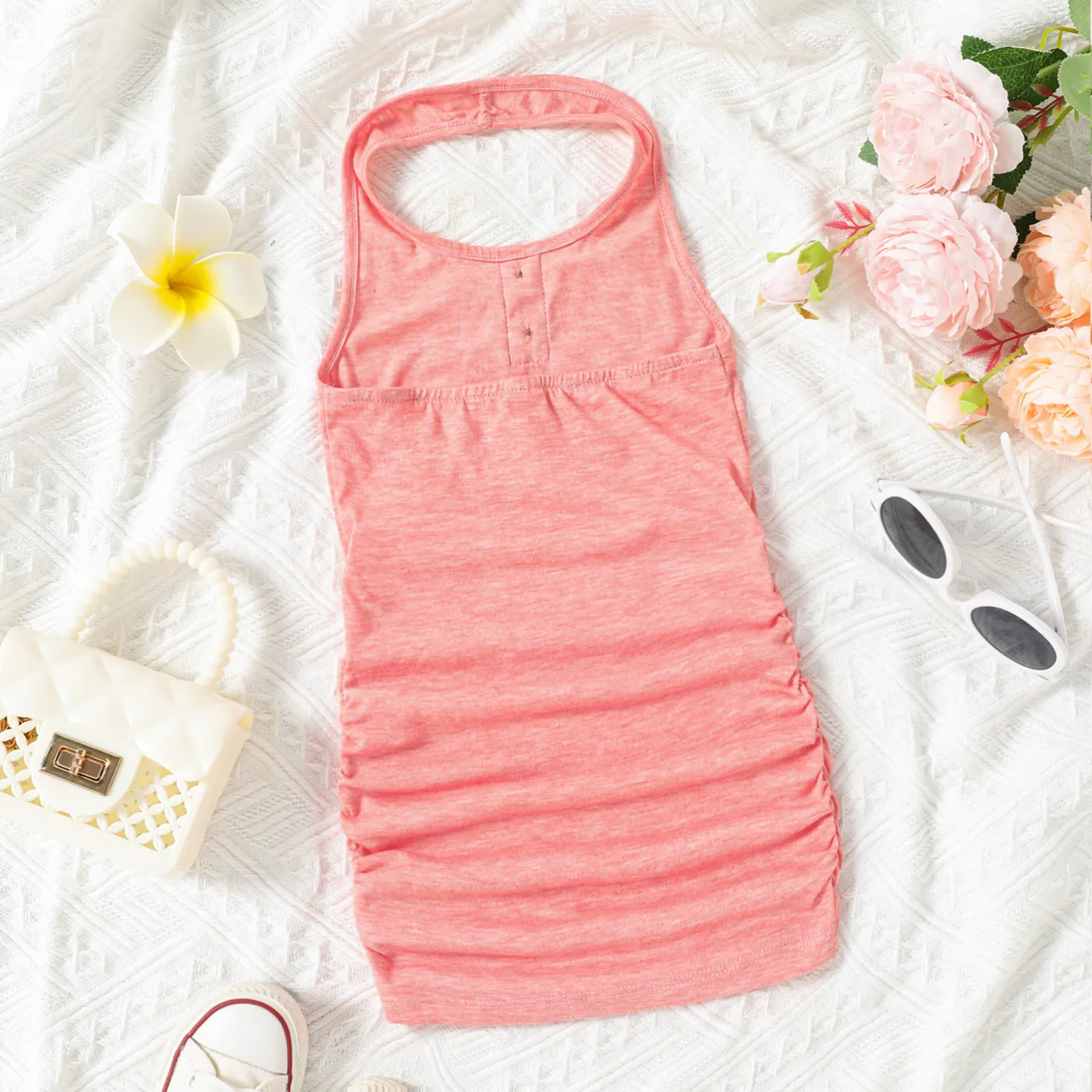 Toddler Girl Pink Halter Neck Sleeveless Ruched Bodycon Dress Pink image 2
