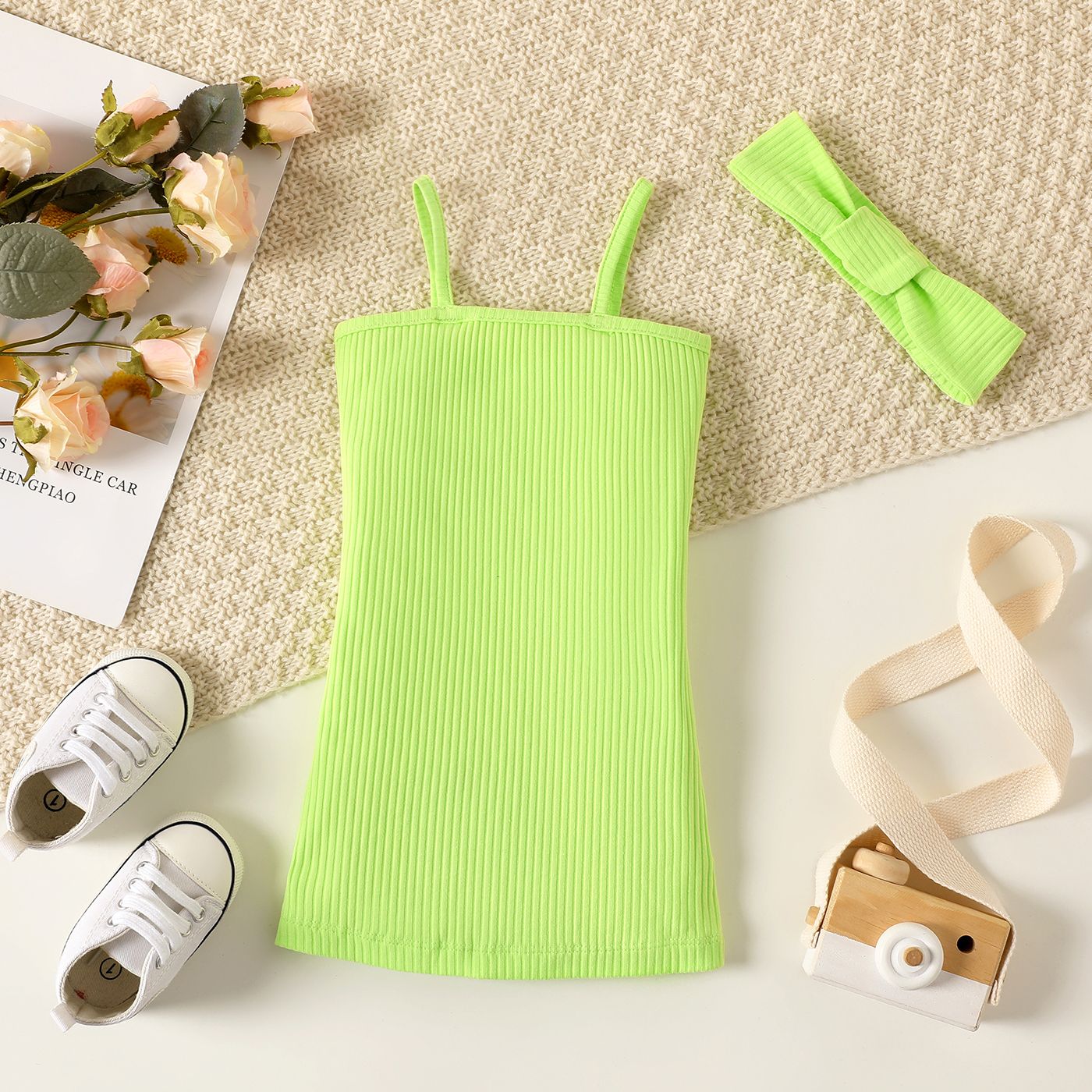 

2pcs Baby Girl Cotton Ribbed Slip Dress with Headband