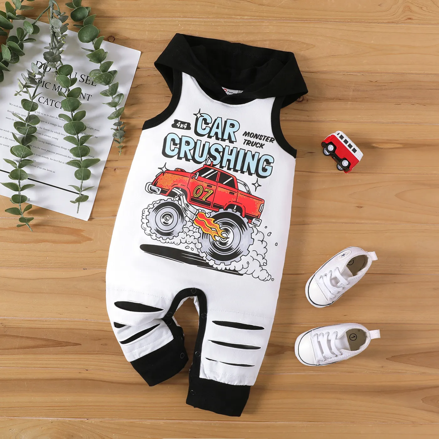 

Baby Boy Cotton Contrast Hooded Graphic Print Tank Jumpsuit