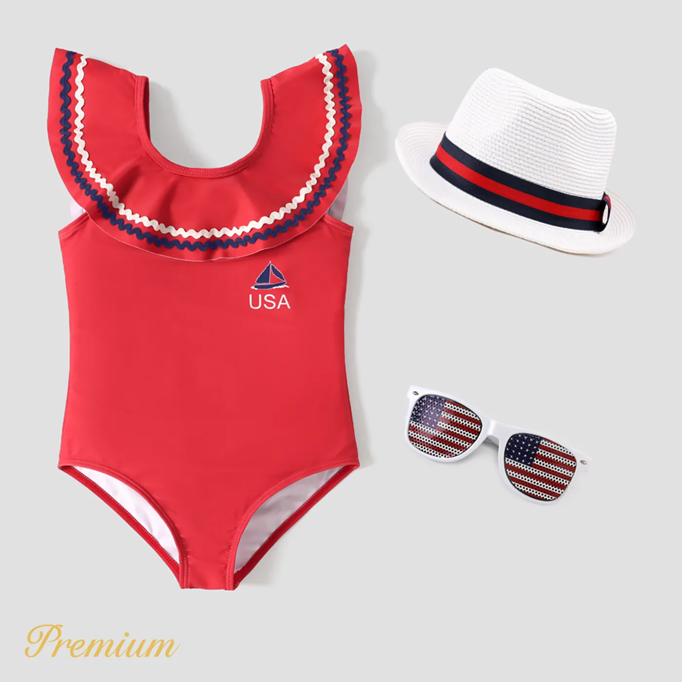 Kid Girl Sailboat Graphic Ruffled Collar One-piece Swimsuit Red big image 1