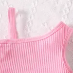 2pcs Baby Girl Cotton Ribbed One Shoulder Tank Crop Top and Allover Heart & Letter Print Skirt Set Pink image 3