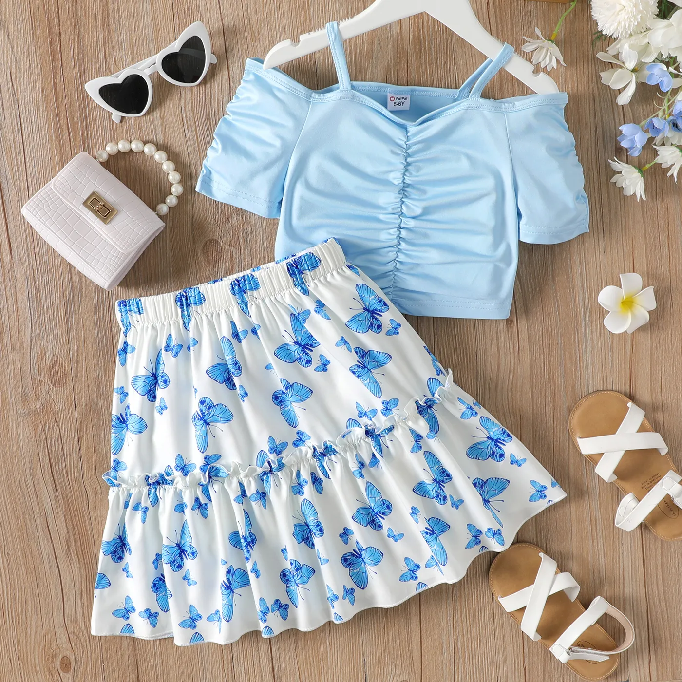 2pcs Kid Girl Ruched Cold Shoulder Cami Top and Butterfly Print Skirt Set Blue big image 1