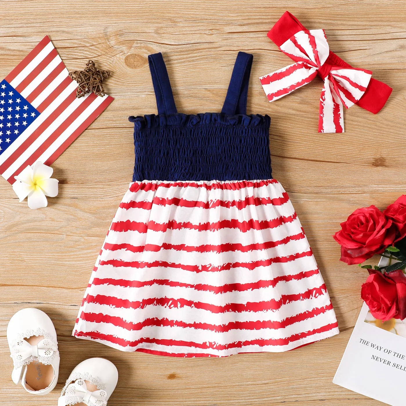 2pcs Independence Day Baby Girl Slip Dress & Bow Headband Set