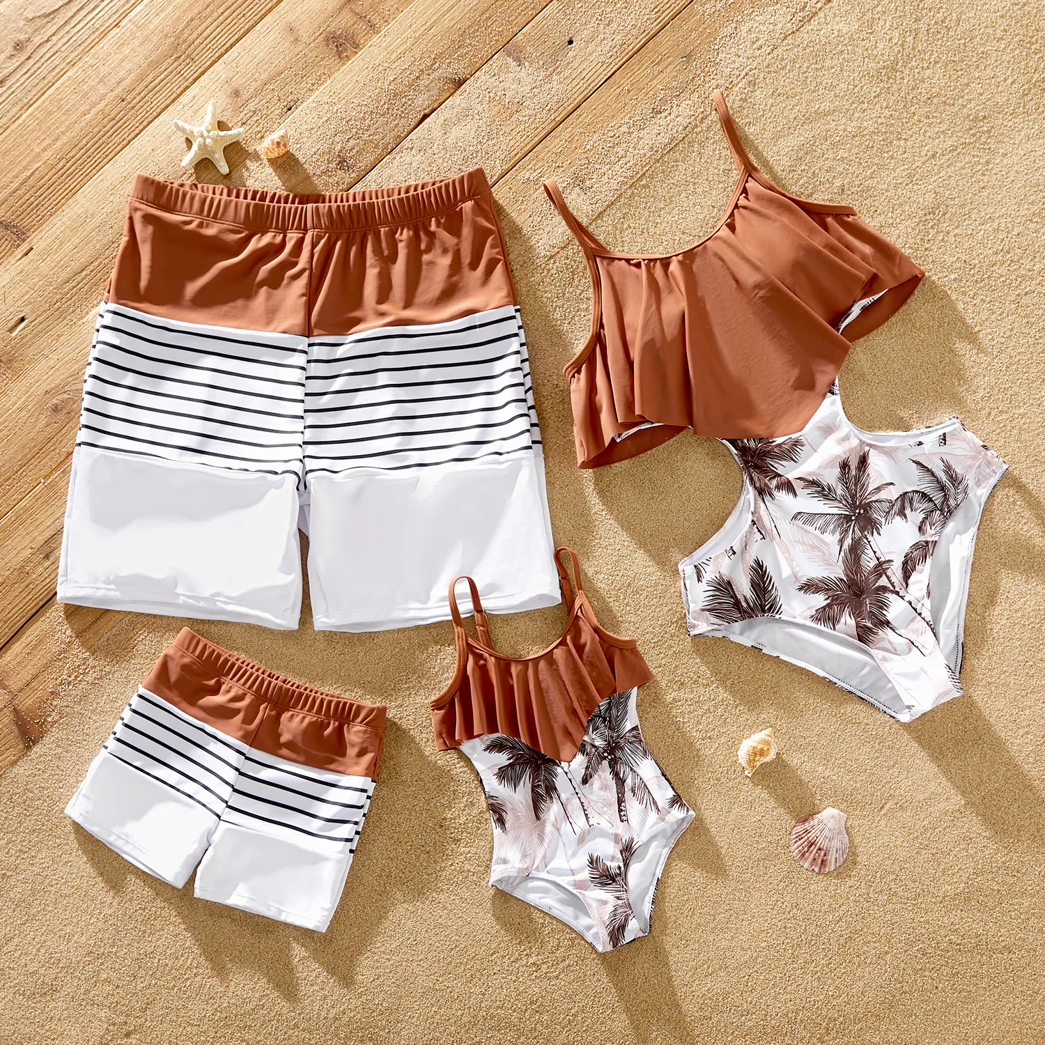 

Family Matching Solid Asymmetric Hem Spliced Plant Print Cut Out One-piece Swimsuit or Striped Colorblock Swim Trunks Shorts