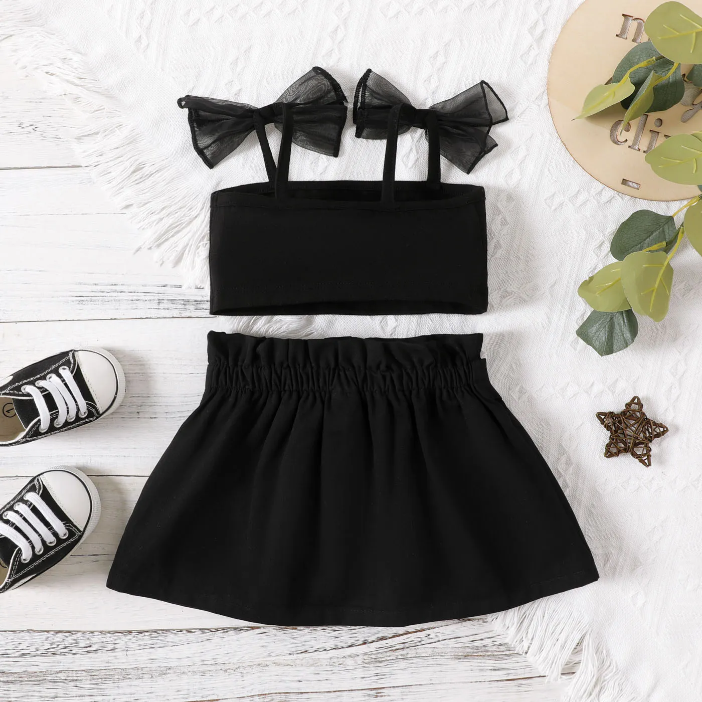 2pcs Baby Girl Tie Shoulder Cotton Camisole and 100% Cotton Belted Skirt Set  image 2