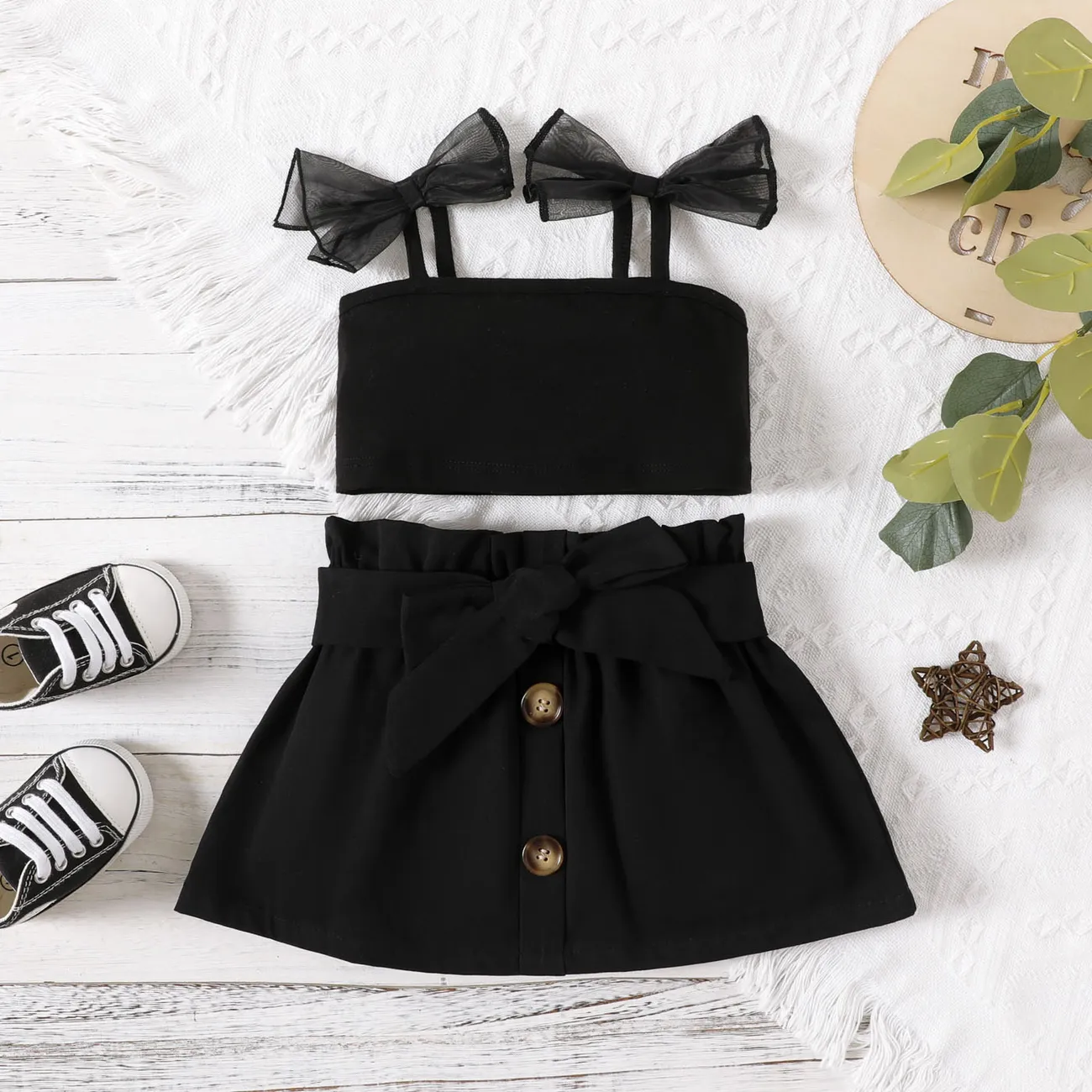 2pcs Baby Girl Tie Shoulder Cotton Camisole and 100% Cotton Belted Skirt Set  big image 1