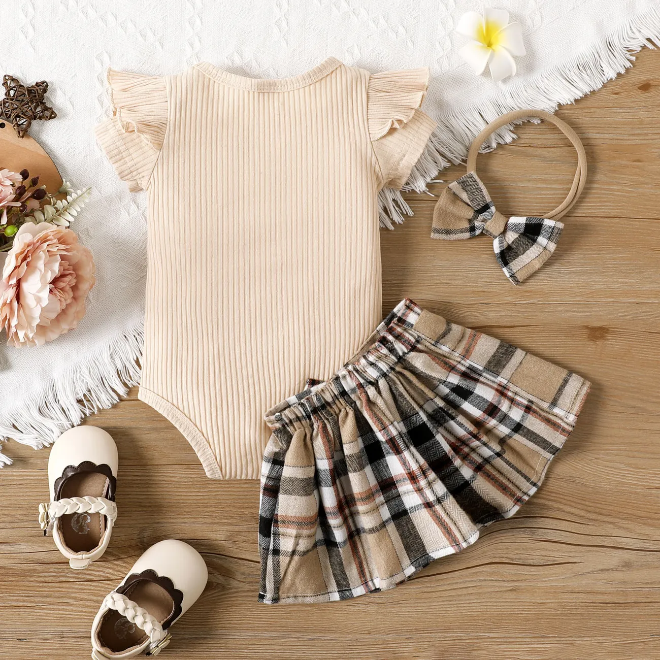 3pcs Baby Girl Cotton Ribbed Ruffle Short-sleeve Bear Embroidered Romper and Plaid Skirt & Headband Set Beige big image 1