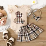 3pcs Baby Girl Cotton Ribbed Ruffle Short-sleeve Bear Embroidered Romper and Plaid Skirt & Headband Set Beige