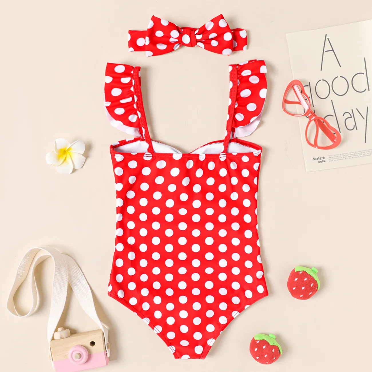 2pcs Kid Girl Polka Dots Print One Piece Swimsuit with Headband Red big image 1