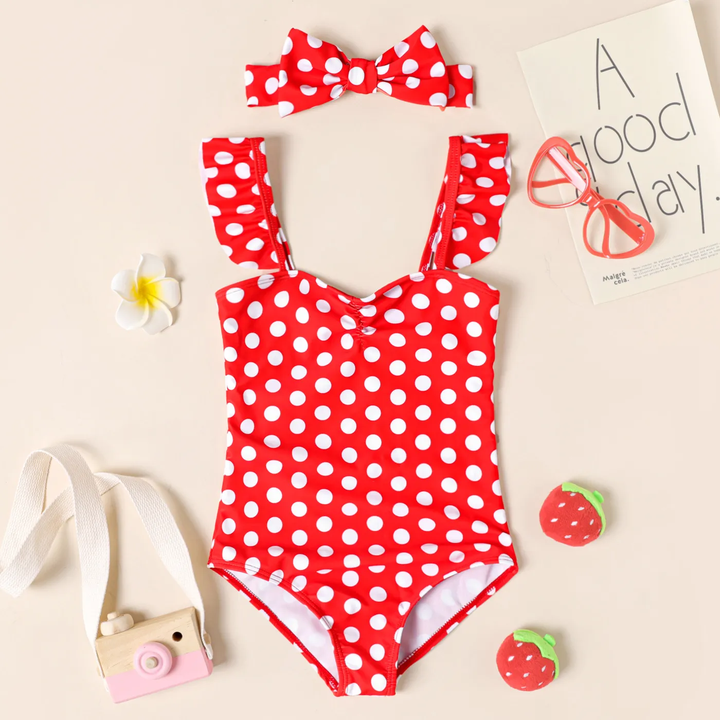 2pcs Kid Girl Polka Dots Print One Piece Swimsuit with Headband