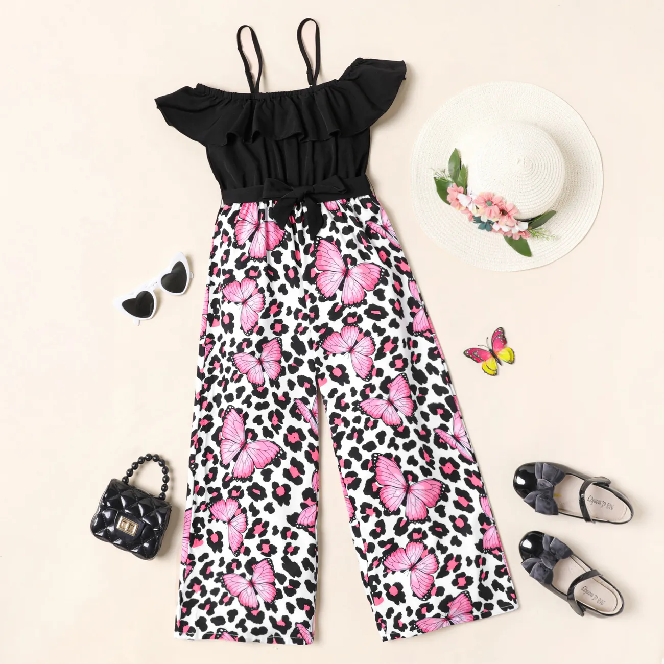 Kid Girl Leopard & Butterfly Print Panel Belted Ruffled Slip Jumpsuit  big image 1