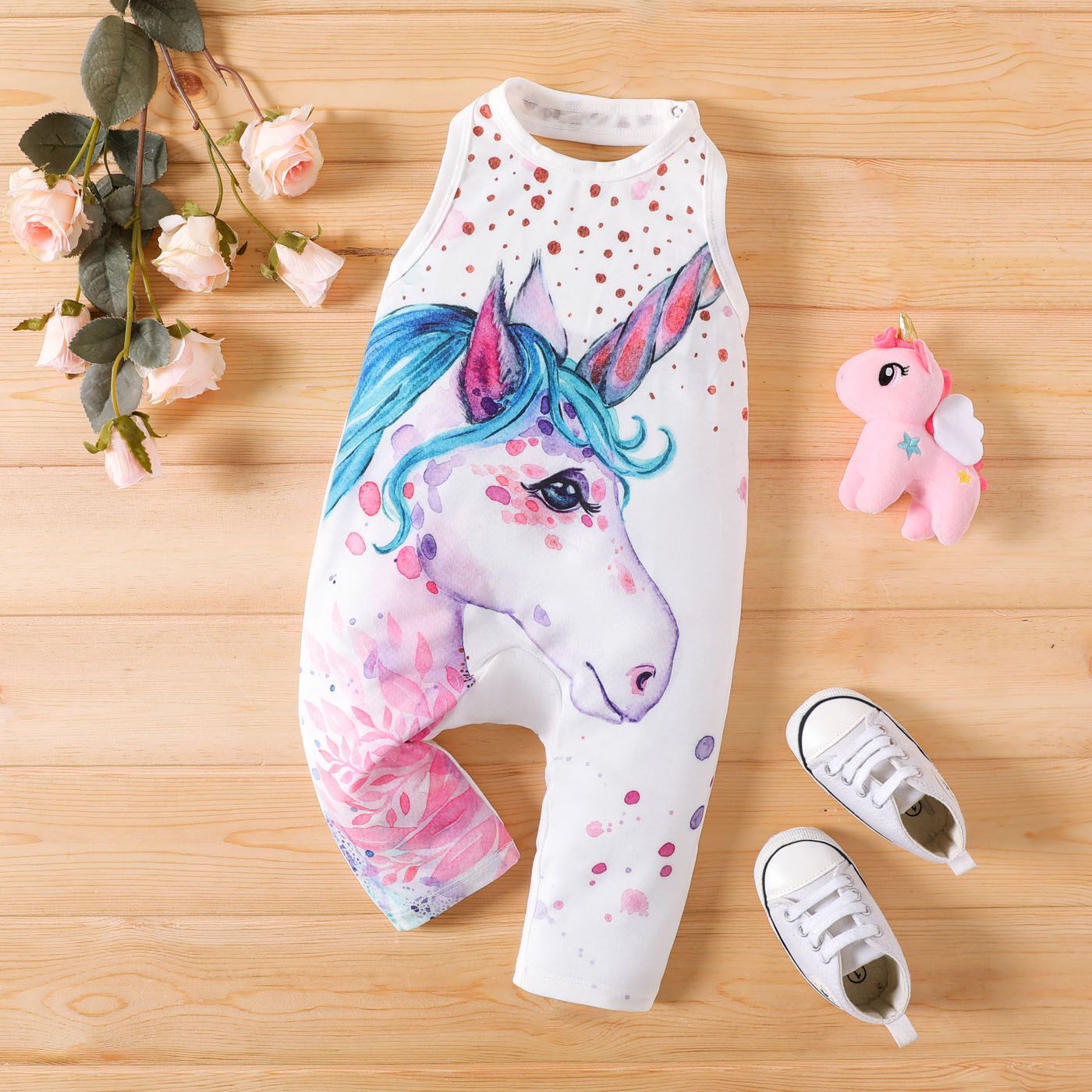 Naiaâ¢ Baby Girl Unicorn Print Halter Neck Sleeveless Jumpsuit