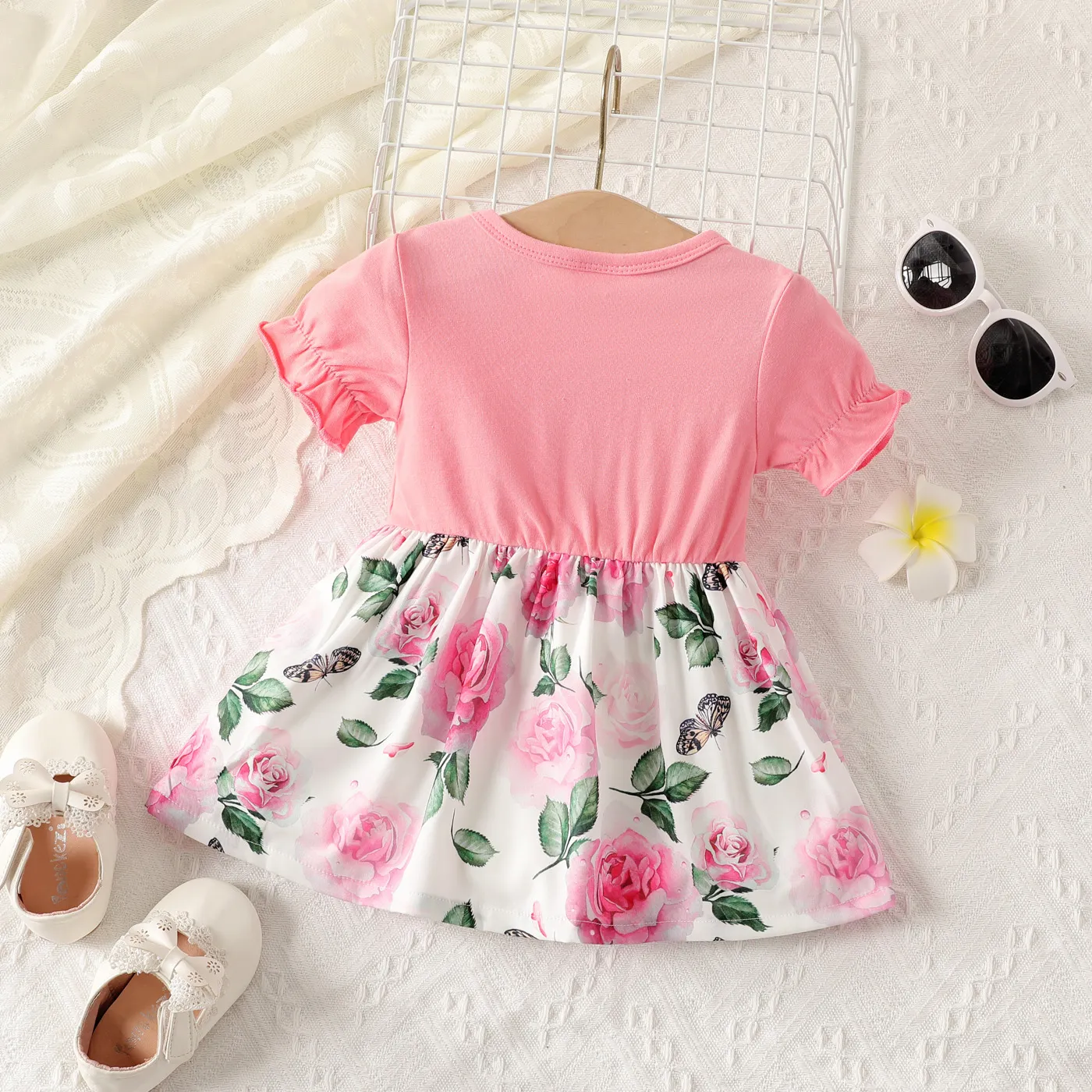 Baby Girl Butterfly & Floral Print Bow Decor Short-sleeve Combo Dress  image 2