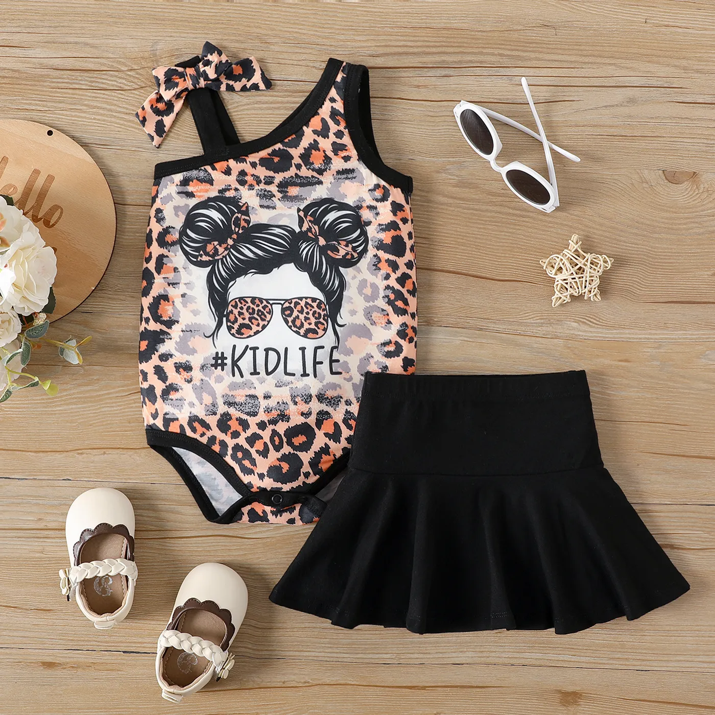 Naia™ 3pcs Baby Girl Leopard Print Figure Graphic Tank Romper and Cotton Skirt & Headband Set Black big image 1