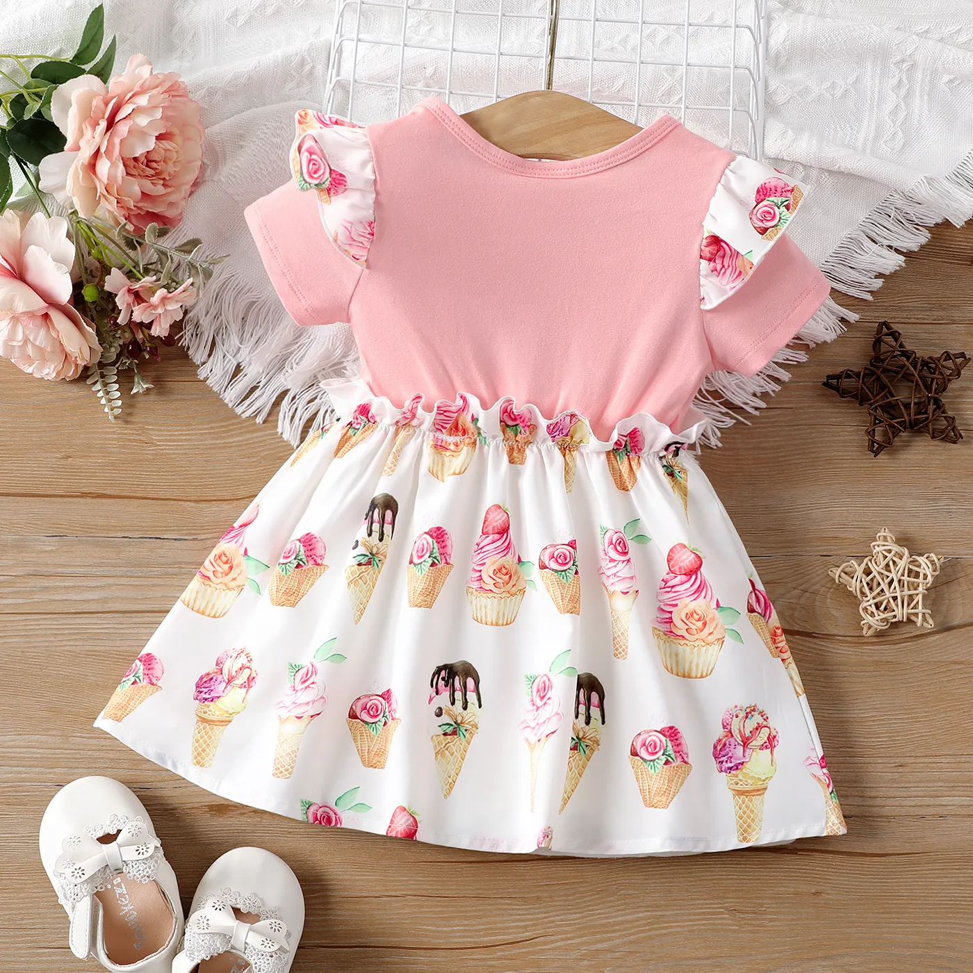 Baby Girl Cotton Ice Cream Print Short-sleeve Ruffled Dress Pink image 2
