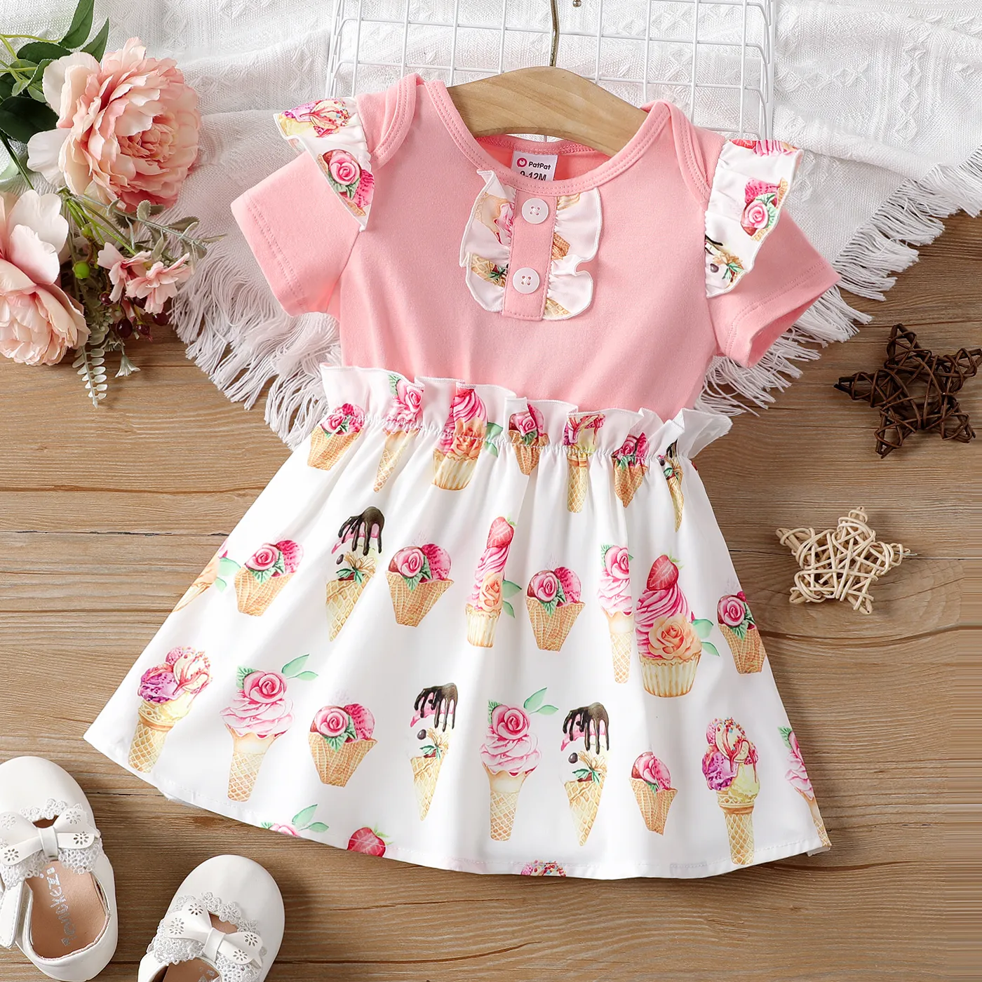 Baby Girl Cotton Ice Cream Print Short-sleeve Ruffled Dress Pink big image 1
